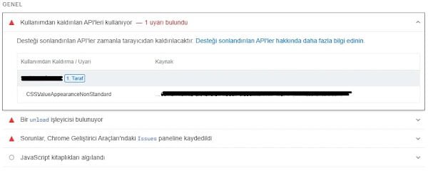 Kullanımdan Kaldırılan API’leri kullanıyor – Pagespeed Kullanımdan Kaldırılan API'leri kullanıyor