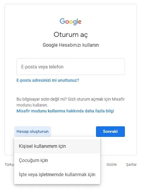 Google Hesap Oluştur