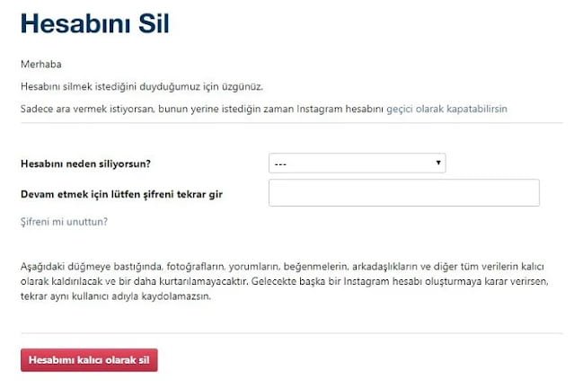 Instagram Kalıcı Silme