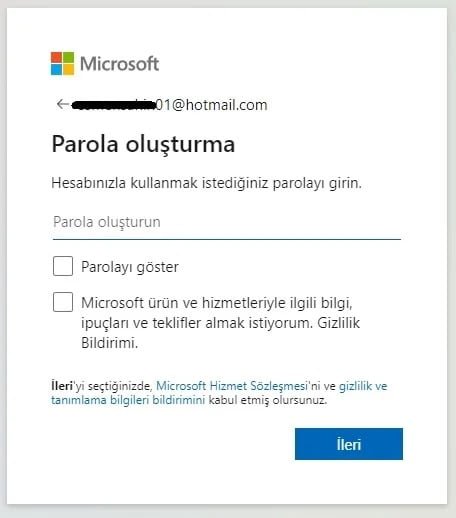 hotmail parola oluştur