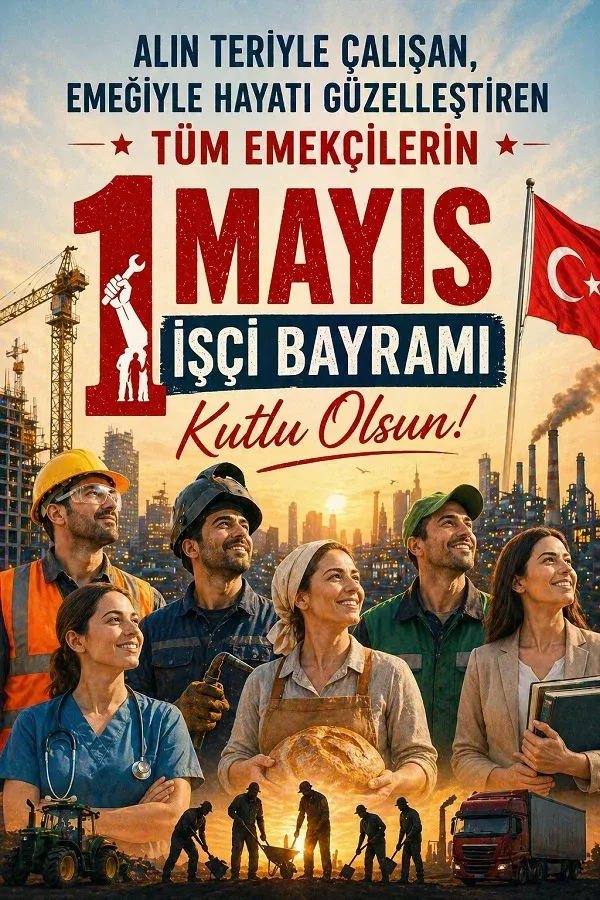 Farklı meslek çalışanlarının yer aldığı 1 Mayıs İşçi Bayramı kutlama mesajı görseli.