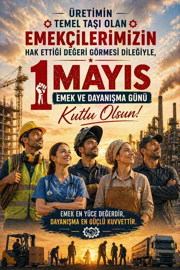İşçi ve çalışan figürleriyle hazırlanmış 1 Mayıs Emek ve Dayanışma Günü kutlama görseli.