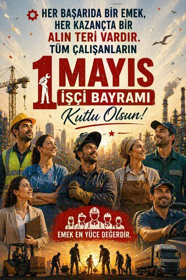 Çalışanların ve işçi figürlerinin bulunduğu 1 Mayıs İşçi Bayramı söz görseli.