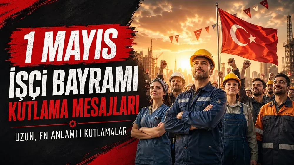 1 Mayıs İşçi Bayramı kutlama mesajları başlığı, Türk bayrağı önünde duran farklı mesleklerden işçi figürleri ve güçlü kırmızı-siyah tasarımla hazırlanmış emek ve dayanışma temalı kapak görseli.
