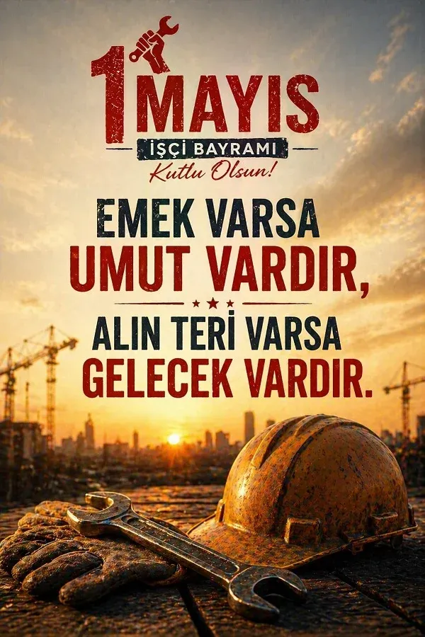 İnşaat sahasında baret ve anahtar ile 1 Mayıs İşçi Bayramı sözü bulunan dikey görsel.