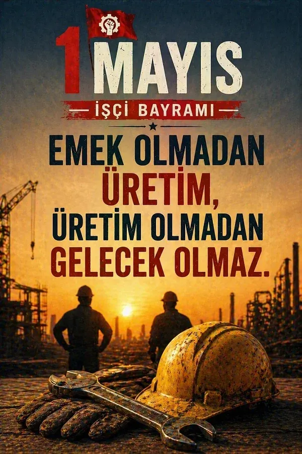 Şantiye alanında işçiler ve 1 Mayıs İşçi Bayramı mesajı bulunan dikey görsel.