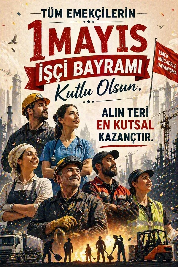 Farklı meslek gruplarının yer aldığı 1 Mayıs İşçi Bayramı kutlama görseli.
