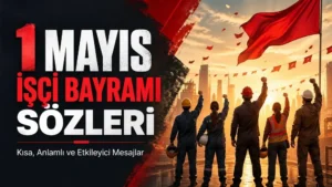 1 Mayıs İşçi Bayramı sözleri başlığı, işçi figürleri, kırmızı bayraklar ve gün doğumu atmosferiyle hazırlanmış emek ve dayanışma temalı kapak görseli.