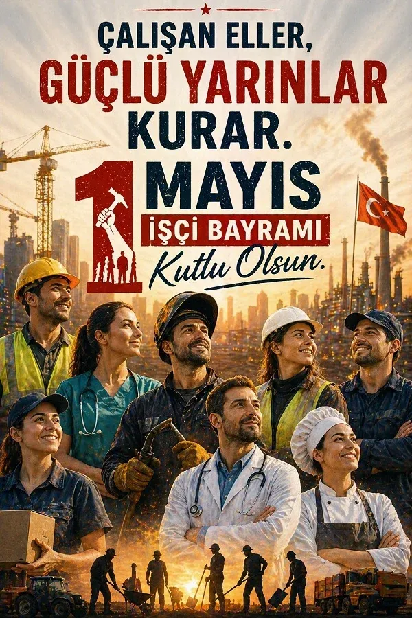 Çeşitli meslek çalışanlarıyla hazırlanmış 1 Mayıs İşçi Bayramı söz görseli.