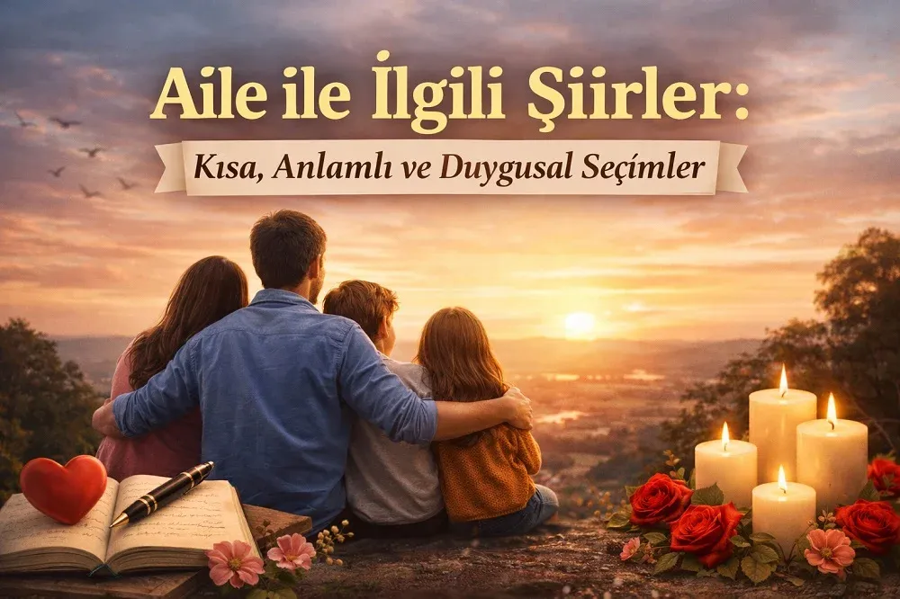 Aile ile ilgili şiirler başlıklı, gün batımında birlikte oturan anne baba ve çocuklardan oluşan mutlu aile görseli