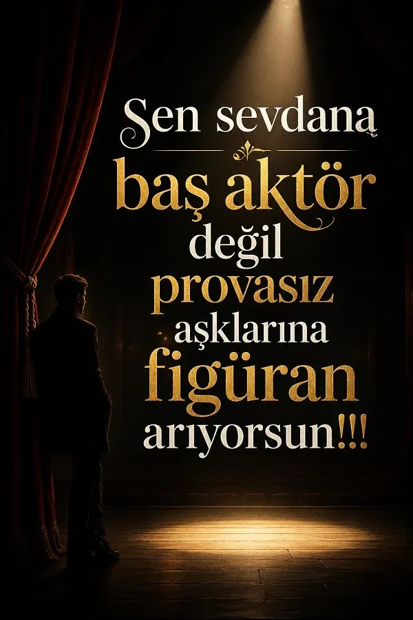 Tiyatro sahnesinde duran kişi ve sahte aşklarla ilgili sert söz bulunan dikey görsel.