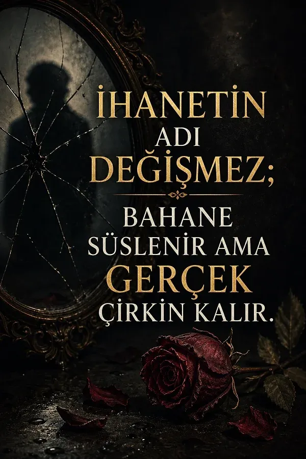 Kırık ayna, gül ve ihanetle ilgili söz bulunan karanlık temalı dikey görsel.