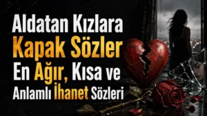 Aldatan kızlara kapak sözler başlıklı görselde kırık kırmızı kalp, solmuş gül, parçalanmış cam ve pencere önünde duran kadın silüeti yer alıyor.