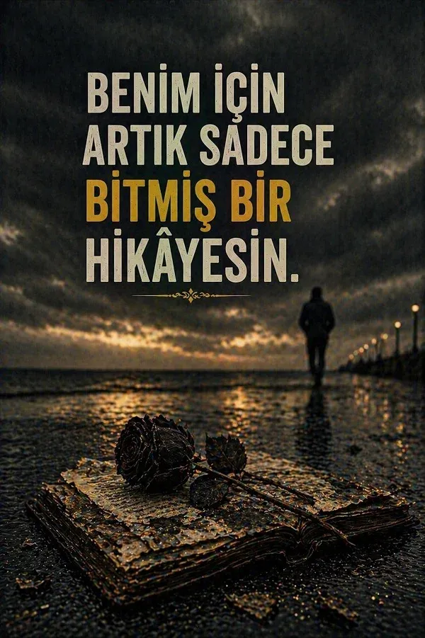 Islak kitap, solmuş gül ve ayrılıkla ilgili söz bulunan dikey görsel.