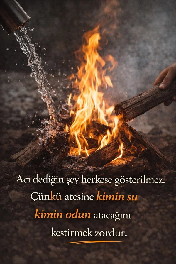 Ateşe su dökülen ve odun atılan sahne ile acıyı herkese göstermemek üzerine anlamlı söz görseli.
