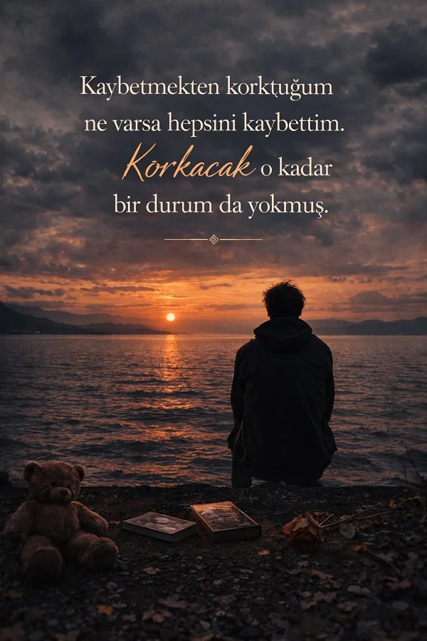 Gün batımında su kenarında oturan kişi, oyuncak ayı ve kaybetmekten korkmak üzerine anlamlı söz görseli.