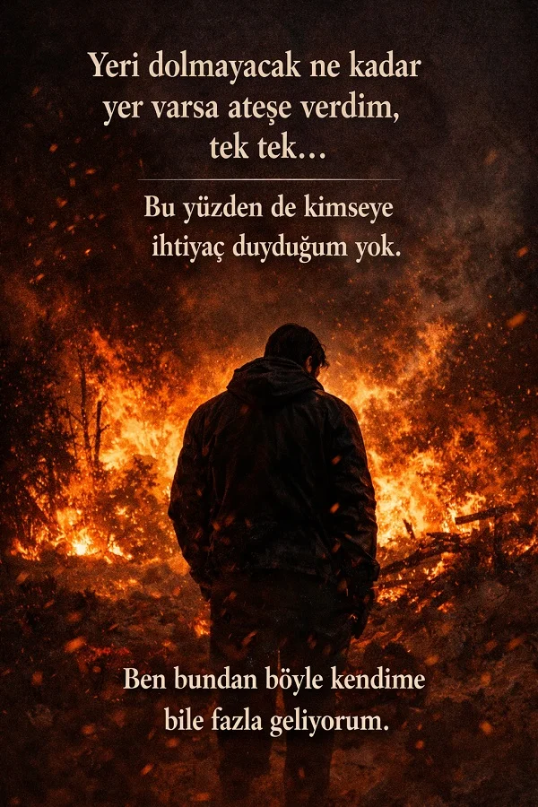 Alevlerin önünde duran kişi ve kimseye ihtiyaç duymamak üzerine damar anlamlı söz görseli.