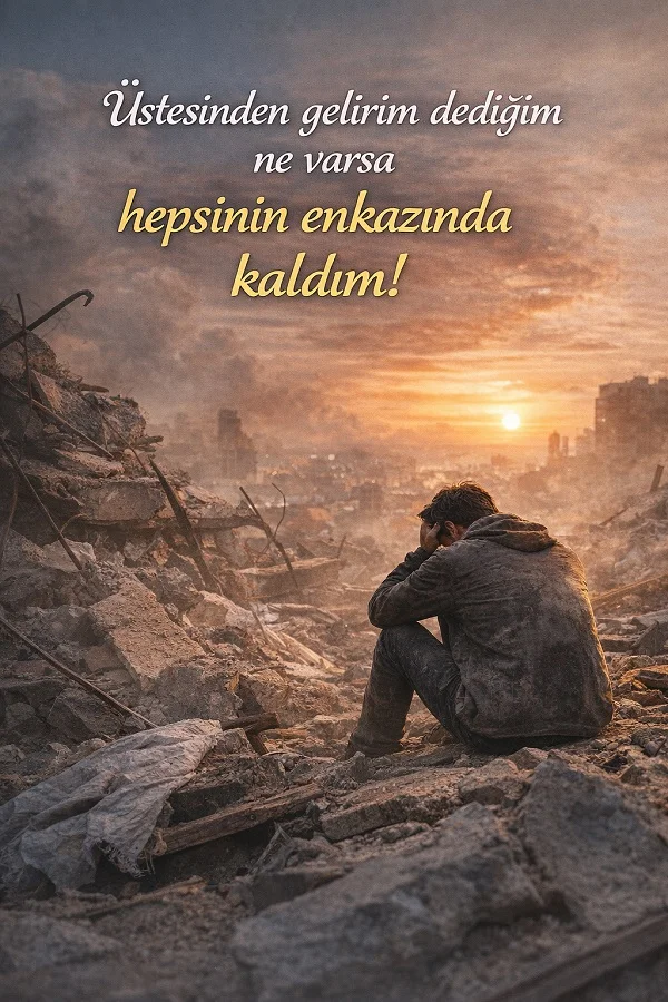 Yıkıntılar arasında oturan adam ve enkaz gibi hissettiren anlamlı kısa söz görseli.