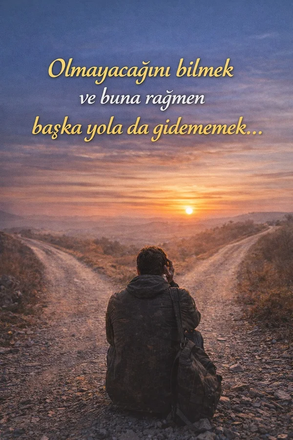 İkiye ayrılan yolda oturan adam ve olmayacağını bilmek üzerine anlamlı kısa söz görseli.