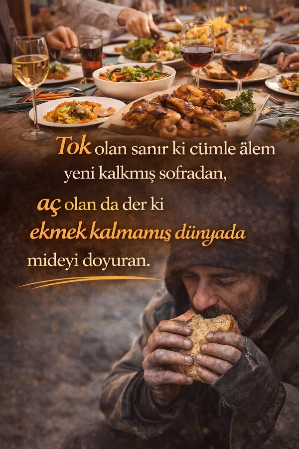 Sofrada yemekler ve altta ekmek yiyen yoksul adam ile açlık üzerine anlamlı söz görseli.