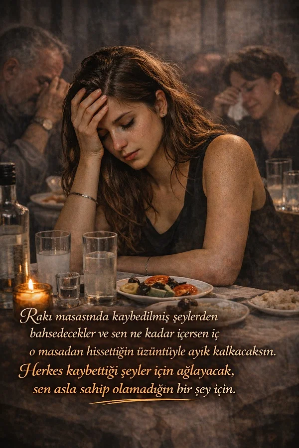 Rakı masasında başını eline yaslamış üzgün kadın ve kayıplar üzerine anlamlı söz görseli.