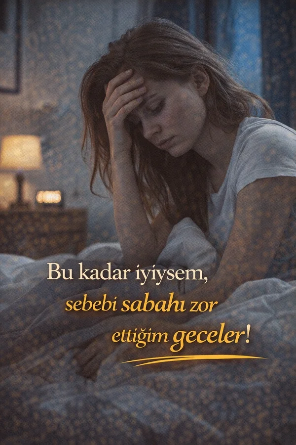 Yatakta başını eline koymuş yorgun kadın ve zor geceler üzerine anlamlı söz görseli.