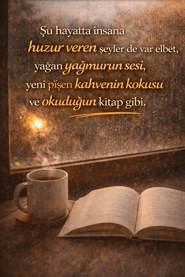 Yağmurlu pencere önünde kahve kupası ve açık kitap ile huzur veren şeyleri anlatan anlamlı söz görseli.