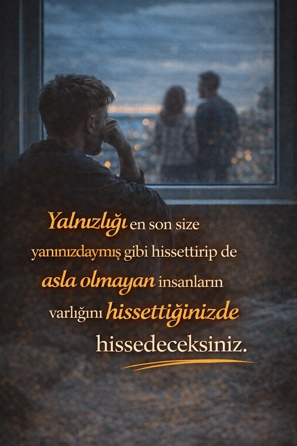 Pencereden dışarı bakan yalnız adam ve uzakta duran çift ile yalnızlık üzerine anlamlı söz görseli.
