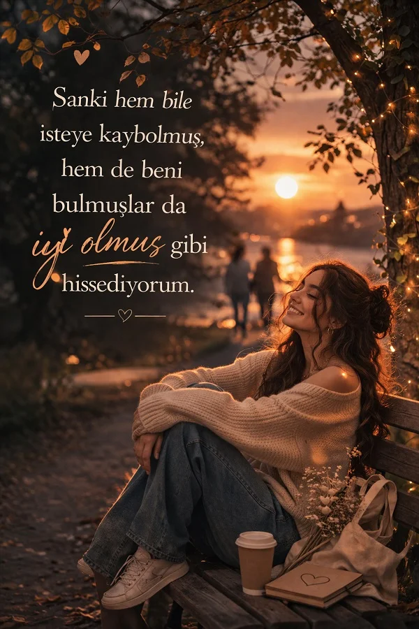 Gün batımında bankta oturan gülümseyen kadın ve kaybolmuşken bulunmak üzerine anlamlı söz görseli.