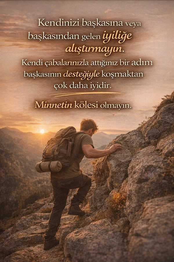 Dağa tırmanan sırt çantalı adam ve minnetin kölesi olmamak üzerine anlamlı söz görseli.