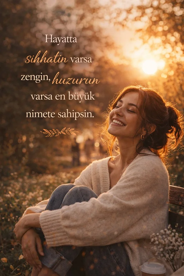 Gün ışığında gülümseyen kadın ve sıhhatle huzurun değerini anlatan anlamlı söz görseli.