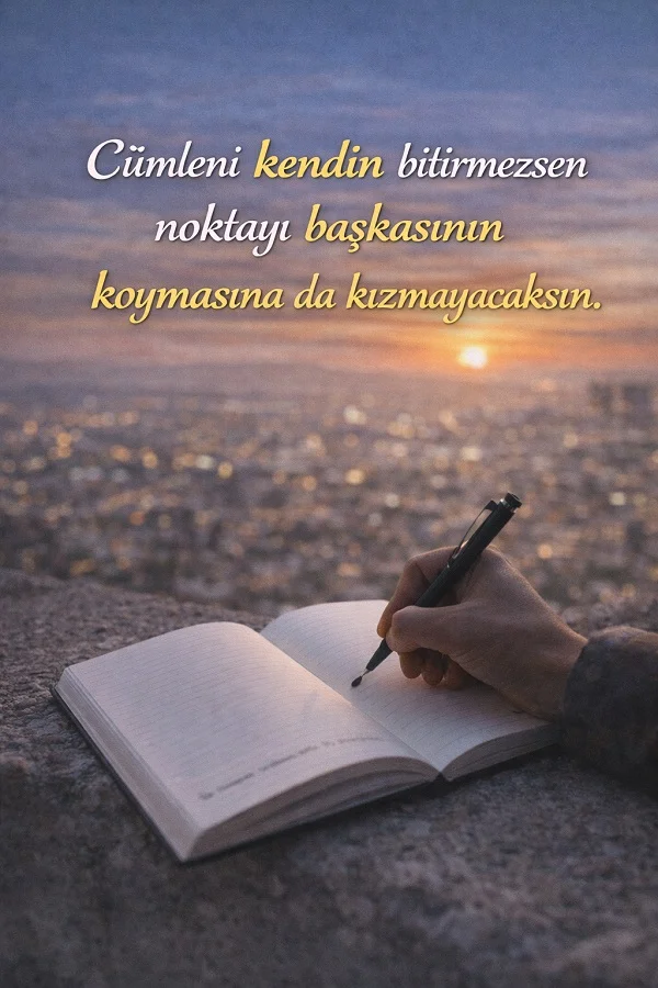 Deftere yazı yazan el ve cümleyi kendin bitirmek üzerine etkileyici anlamlı söz görseli.
