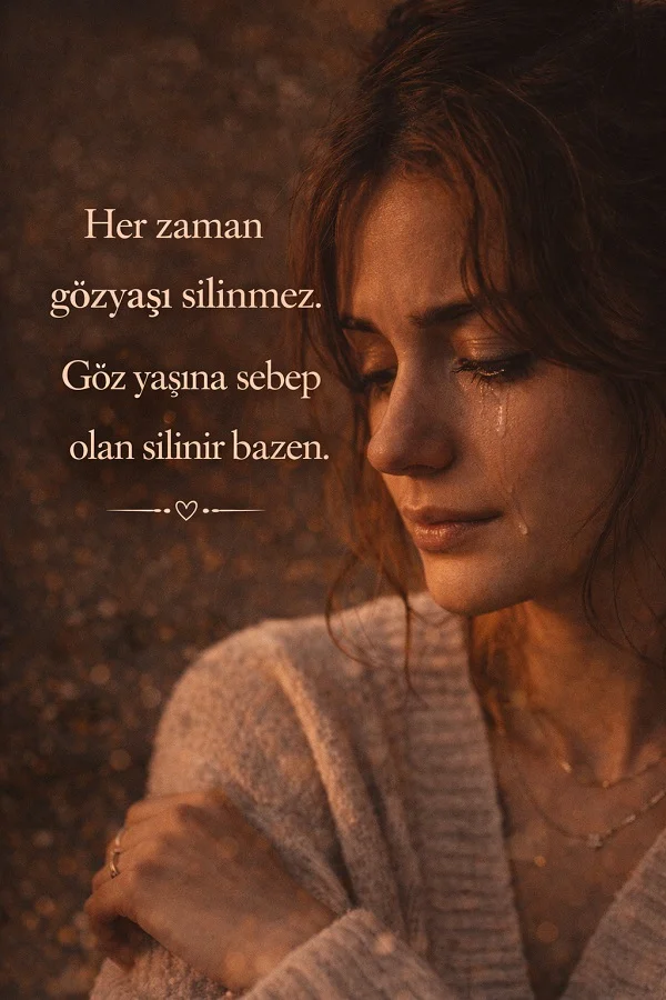 Yüzünden gözyaşı akan kadın portresi ve gözyaşına sebep olanı silmek üzerine anlamlı söz görseli.