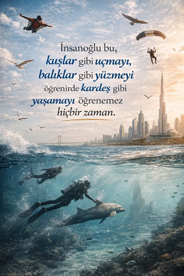 Gökyüzünde paraşütçüler, denizde dalgıçlar ve kardeşlik üzerine anlamlı söz bulunan görsel.