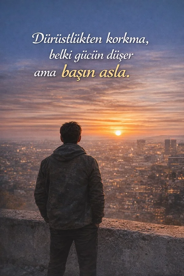 Gün batımında şehre bakan adam ve dürüstlükten korkmamak üzerine anlamlı söz görseli.