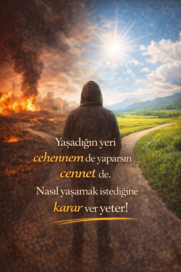 Bir tarafı yangın bir tarafı yeşil yol olan manzarada duran kişi ve hayatı seçmek üzerine anlamlı söz görseli.