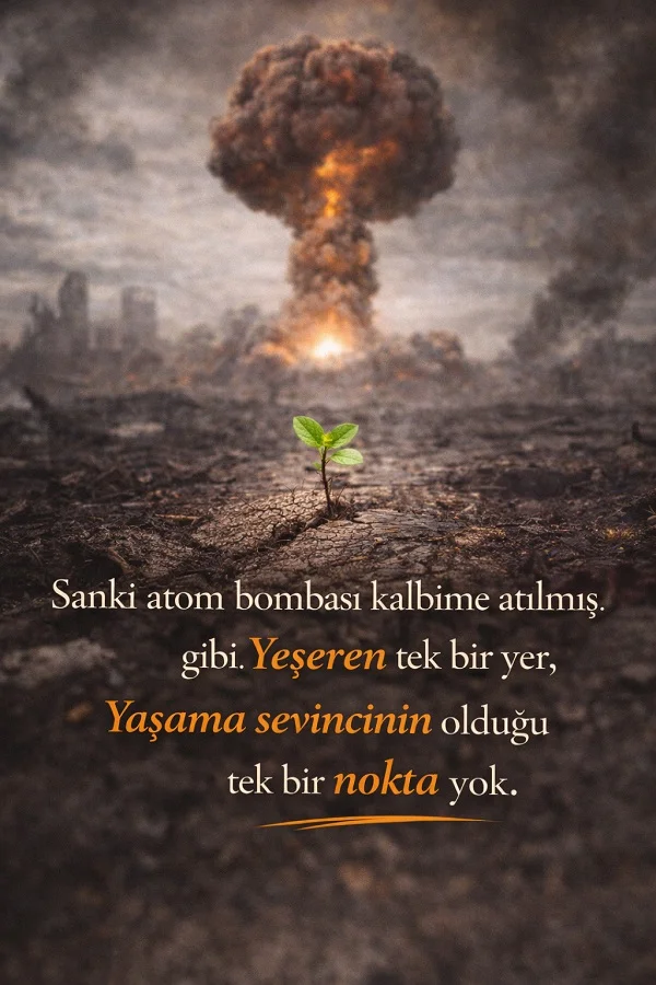 Kurak toprakta filiz ve arka planda patlama ile kalpte atom bombası etkisini anlatan söz görseli.