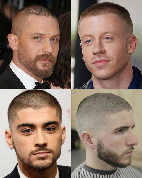 Şık giyimli erkekte modern buzz cut saç modeli