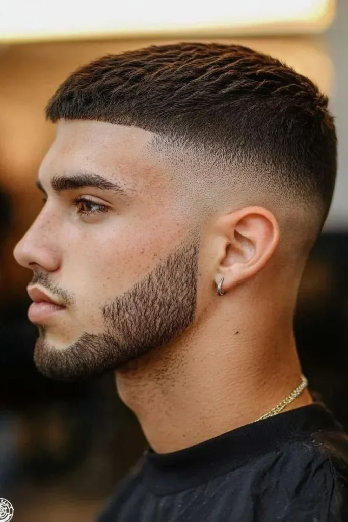 Sakallı erkek üzerinde uygulanan buzz cut saç modeli
