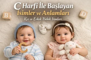 C harfi ile başlayan isimler ve anlamları için iki bebek, oyuncak tavşan ve harf blokları bulunan kapak görseli.