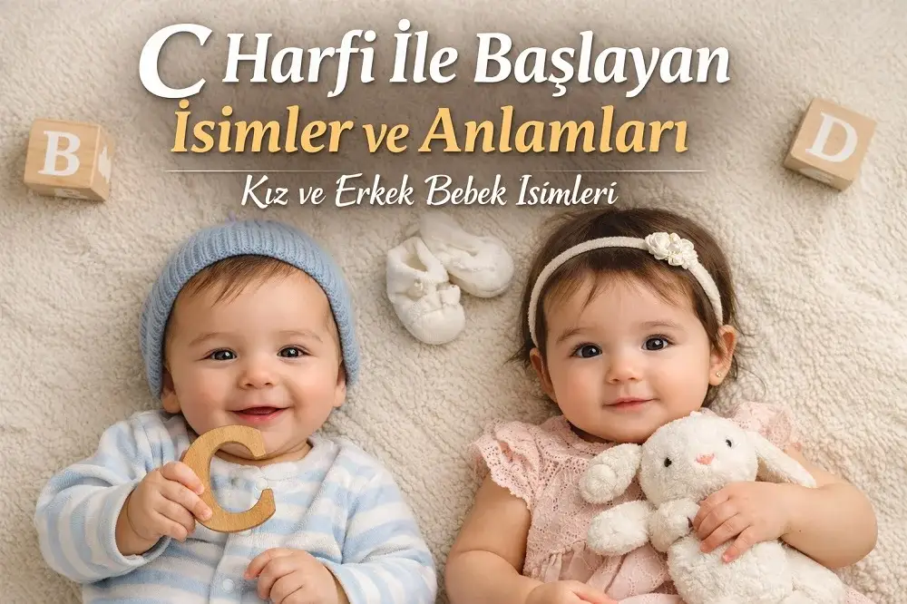 C harfi ile başlayan isimler ve anlamları için iki bebek, oyuncak tavşan ve harf blokları bulunan kapak görseli.