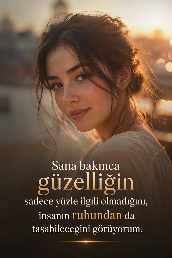 Gün batımı ışığında genç kadın portresi üzerinde iç güzelliği ve ruh zarafetini anlatan Türkçe söz yer alıyor.