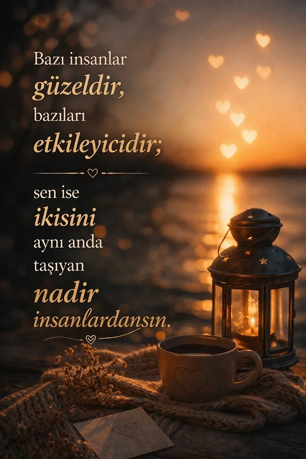 Gün batımı manzarasında fener, fincan ve romantik atmosfer eşliğinde güzellik ve etkileyicilik üzerine Türkçe söz yer alıyor.