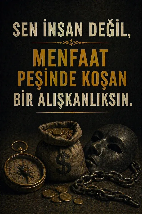 Para kesesi, zincir, maske ve menfaat peşinde koşan insanlarla ilgili söz bulunan dikey görsel.