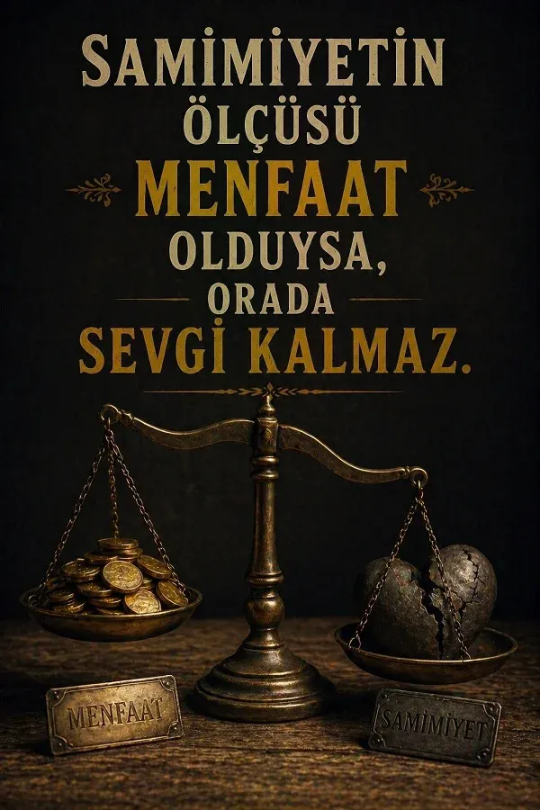 Terazi üzerinde para ve kırık kalp bulunan, menfaat ile ilgili söz yazılı dikey görsel.