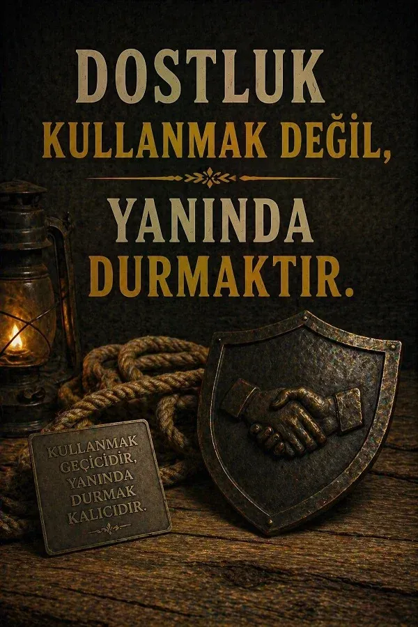 Kalkan üzerinde tokalaşma sembolü ve dostlukla ilgili anlamlı söz bulunan dikey görsel.