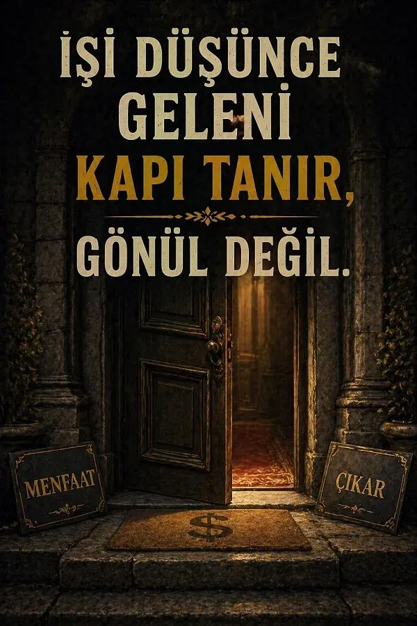 Açık kapı önünde menfaat ve çıkar yazıları bulunan anlamlı sözlü dikey görsel.