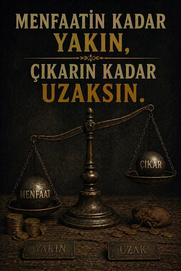 Terazi üzerinde menfaat ve çıkar yazıları bulunan karanlık temalı söz görseli.