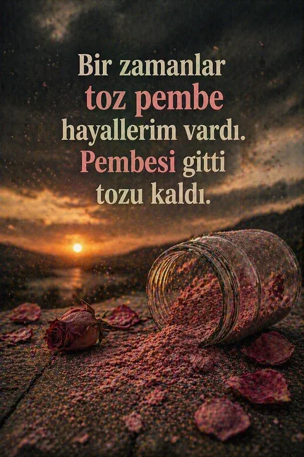 Gün batımında yere dökülmüş pembe toz ve komik anlamlı söz bulunan dikey görsel.