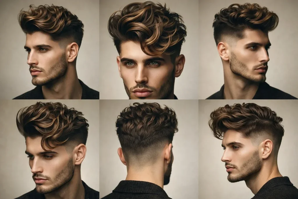 Yanları kısa fade, üstü hacimli ve dalgalı wavy quiff erkek saç modeli.